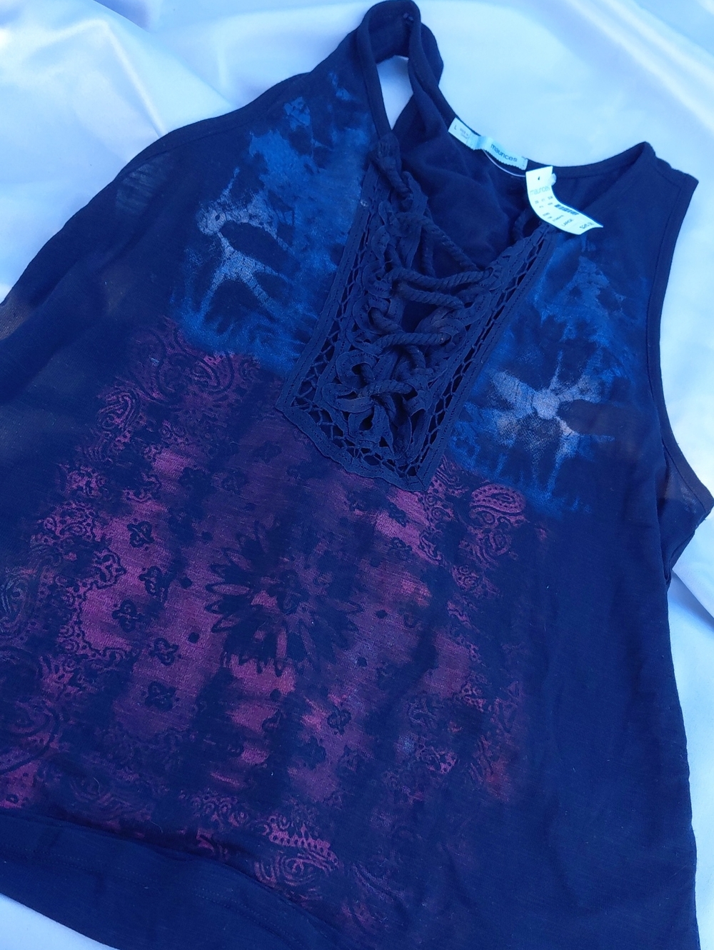 Maurices Black Tank with Blue and Pink Patterned Front